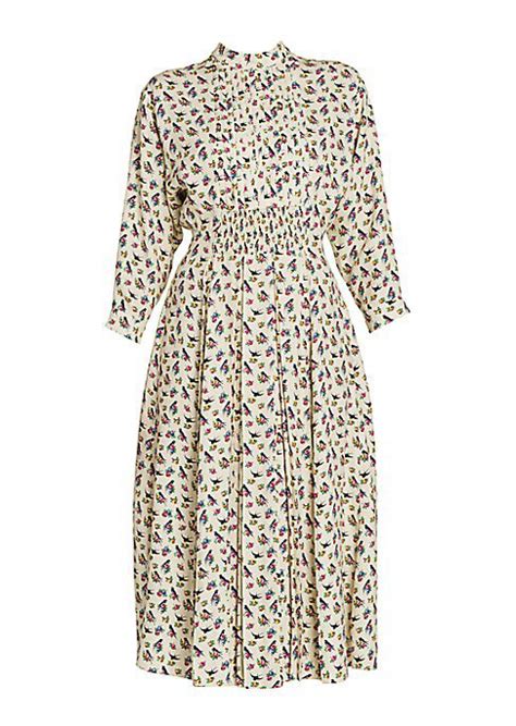 Prada Women's Raso Floral & Swallow Print Midi Dress In Ivory